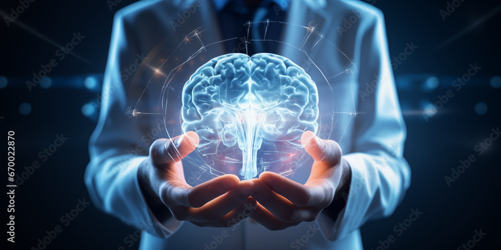 the doctor holds a projection of the human brain in his hands